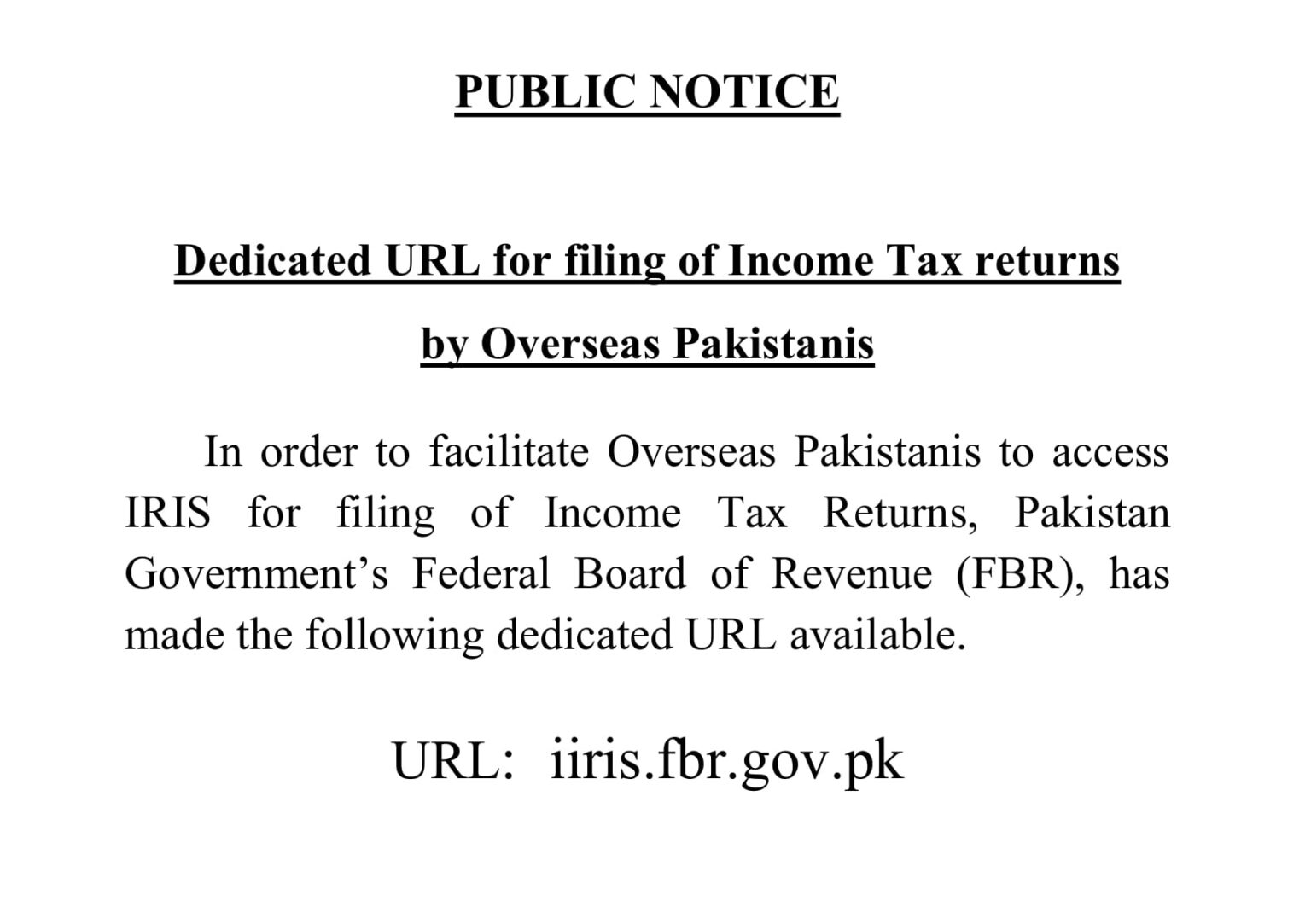 Dedicated URL for filing of Tax returns by Overseas Pakistanis